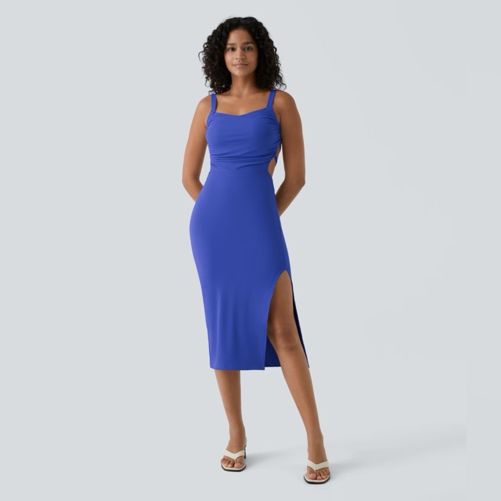 Ruched Backless Crisscross Lace Up Split Bodycon Midi Casual Dress - Aster Blue